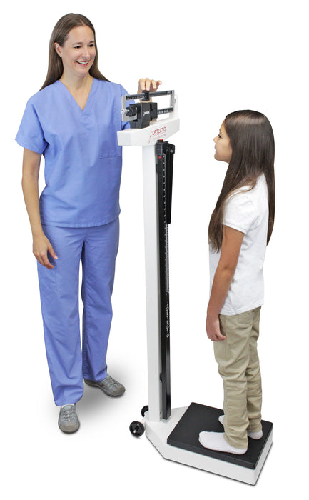 Detecto 438 Mechanical Eye-Level Physician's Scale, Weigh Beam, 450 lb x 4 oz, Height Rod, Wheels