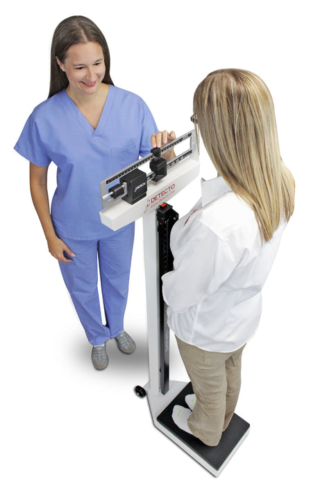 Detecto 438 Mechanical Eye-Level Physician's Scale, Weigh Beam, 450 lb x 4 oz, Height Rod, Wheels